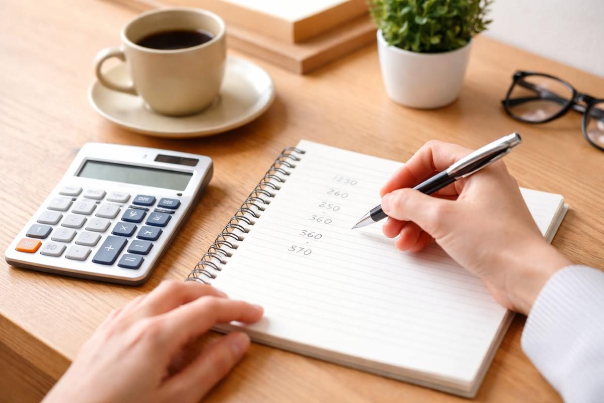 Hands working through figures in a notebook beside a calculator and a cup of coffee
