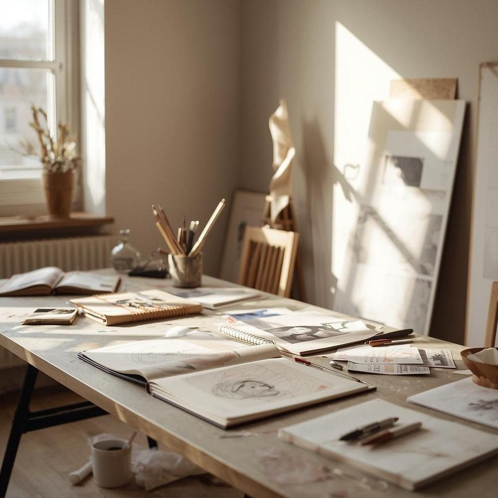 A sunlit studio table covered with sketchbooks, notes and pencils