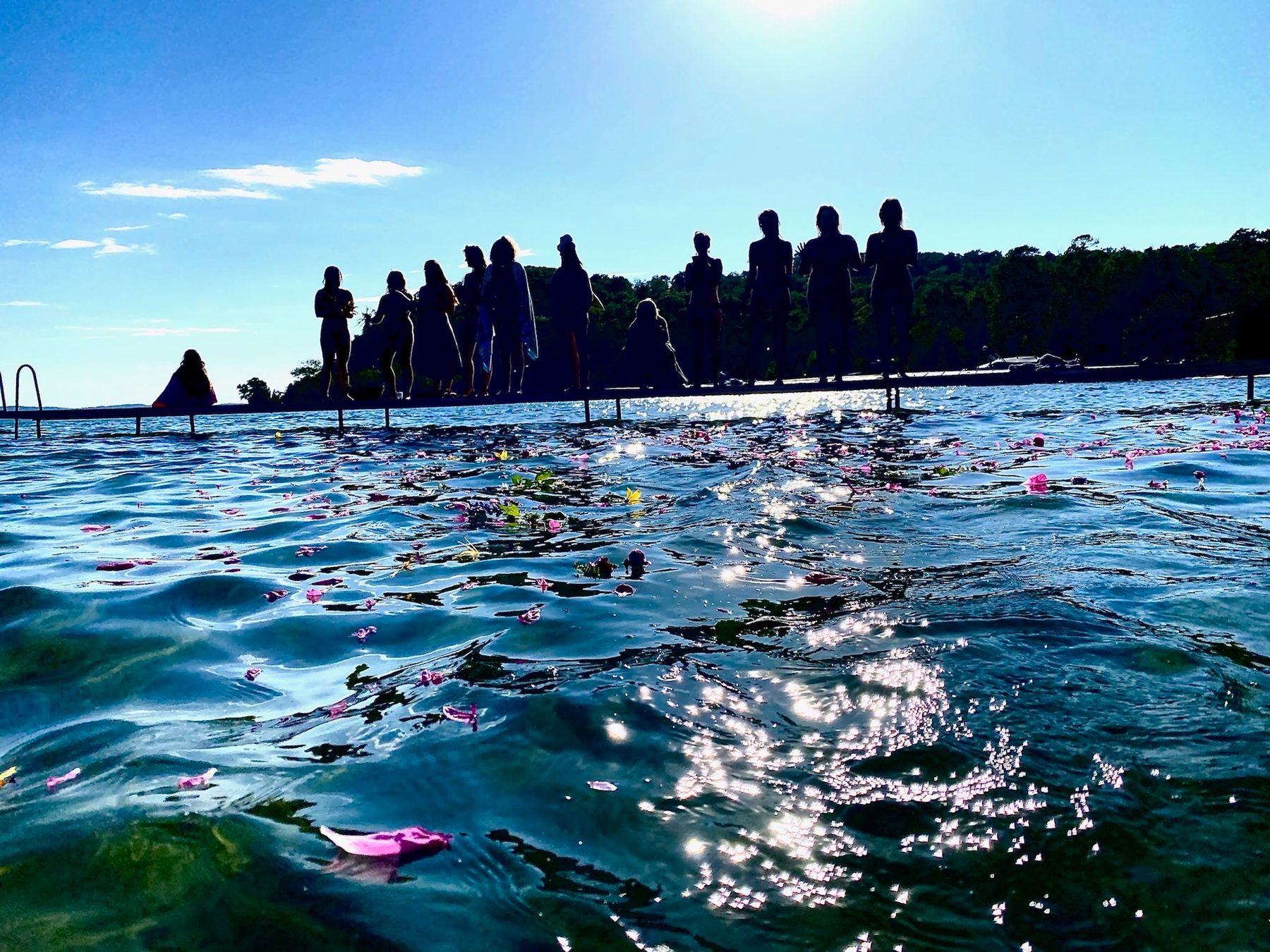 Group silhouetted on a dock at sunset with flower petals floating on the water